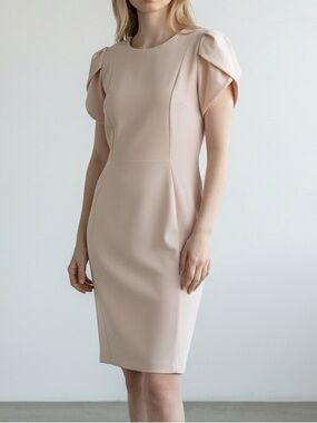 Calvin Klein Blush Puff-Sleeve Midi Sheath Dress